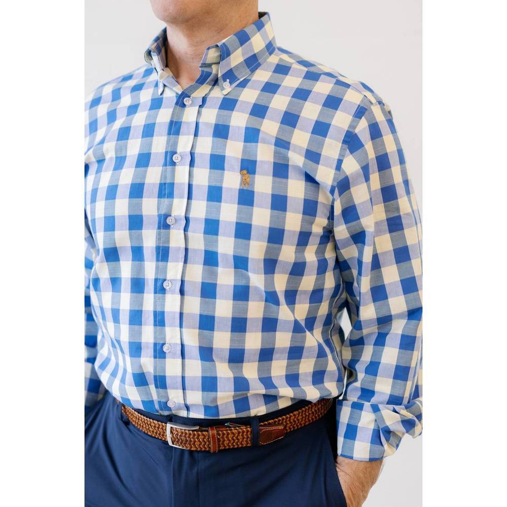 NEW SOUTHERN CASANOVA mellow maize check button down shirt in blue